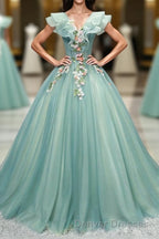 Green V Neck Tulle Long Prom Dress, Green Evening Dress