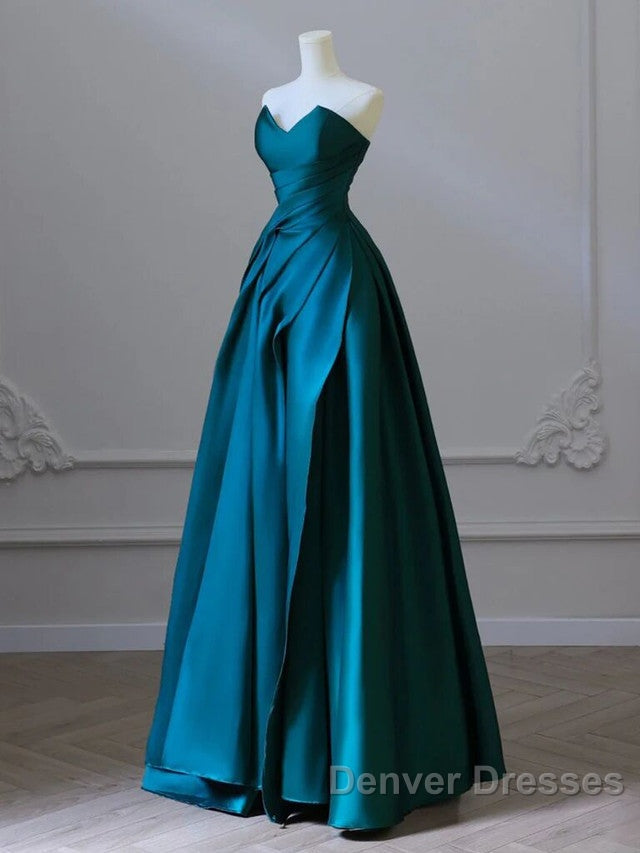 Simple Blue Satin Strapless Prom Dress Secondary image