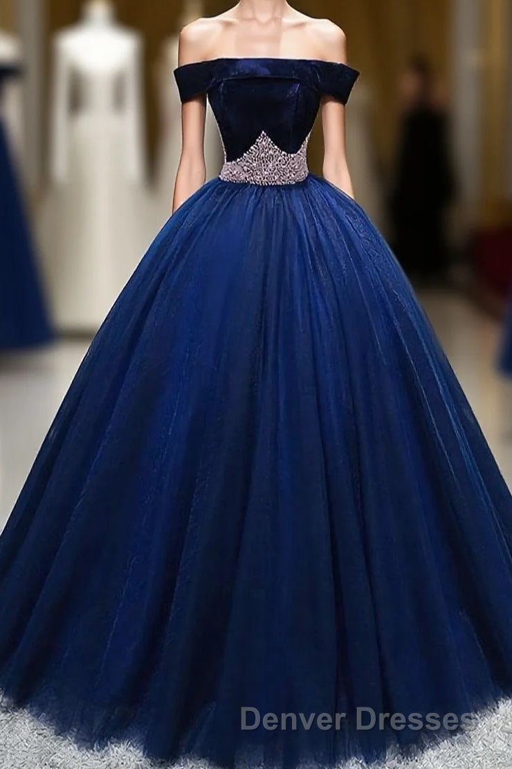 Dark Blue Tulle Off Shoulder Long Prom Dress, Blue Sweet 16 Dress Main image