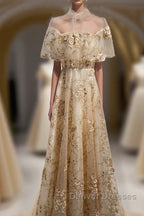 Champagne Tulle Lace Long Prom Dress, Champagne Formal Dress, 1