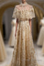 Champagne Tulle Lace Long Prom Dress, Champagne Formal Dress, 1