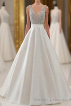 A Line Brush Train Deep V Neck Sleeveless Beading Prom Dress