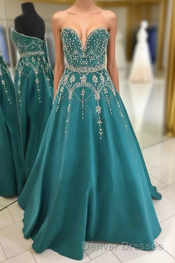 Green A Line Floor Length Sweetheart Sleeveless Beading Prom Dress Main image