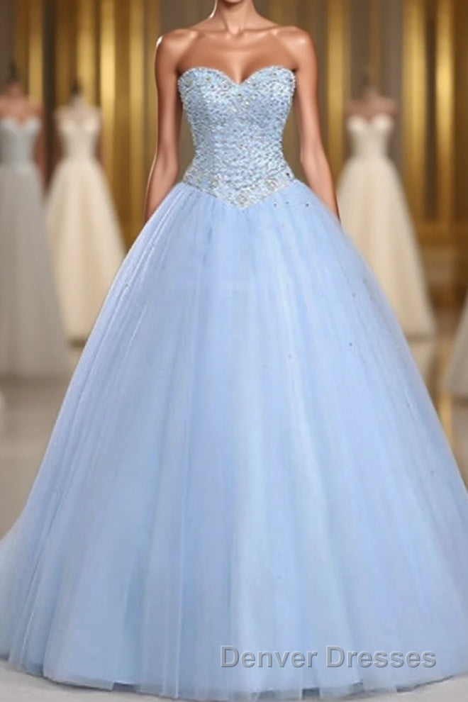 Light Blue Ball Gown Floor Length Sweetheart Strapless Sleevless Beading Prom Dress