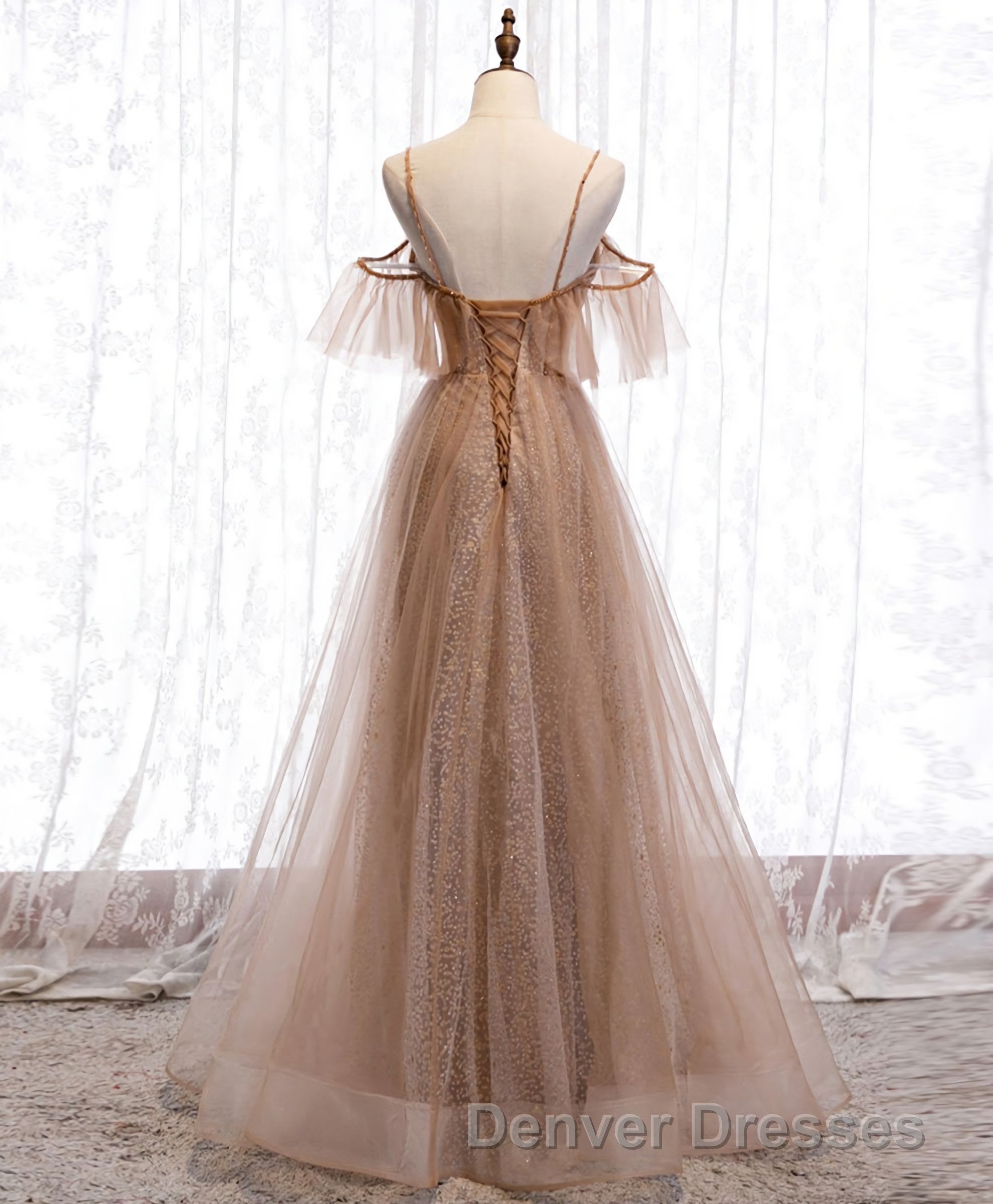 Champagne Tulle Sequin Long Prom Dress, Champagne Evening Dress Secondary image