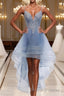 Blue Sweetheart Tulle Lace High Low Prom Dress, Blue Homecoming Dress