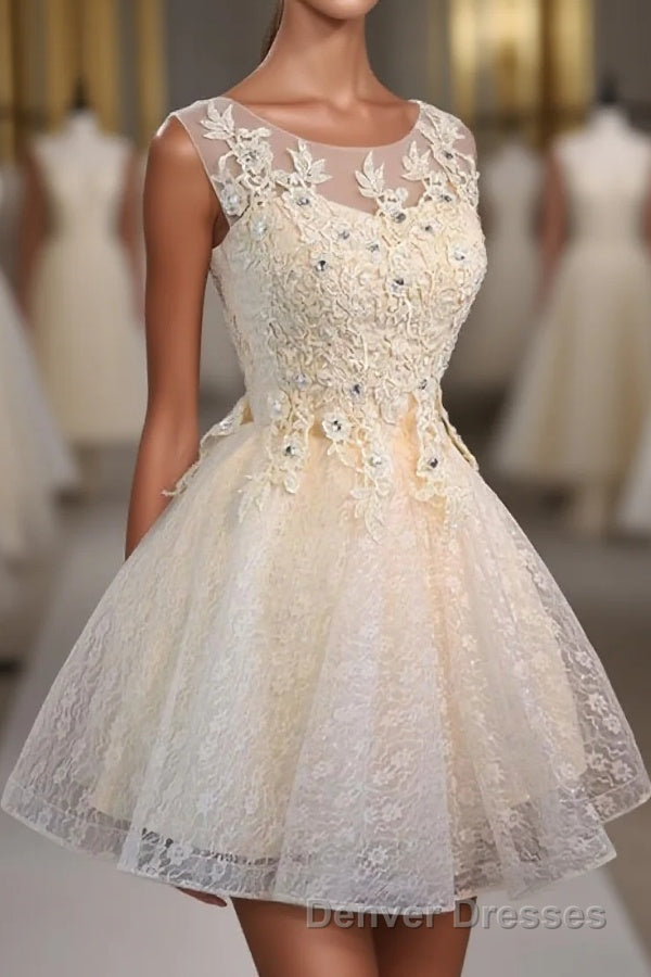Champagne Lace Round Neck Short Prom Dress, Bridesmaid Dress Main image