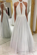 Gray A Line Floor Length Halter Sleeveless Beading Prom Dress