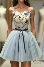 Gray Blue Tulle Short Prom Dress, Tulle Homecoming Dress