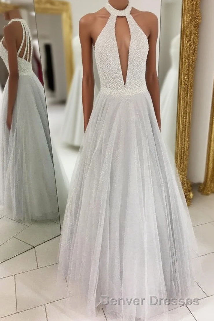 Gray A Line Floor Length Halter Sleeveless Beading Prom Dress Main image