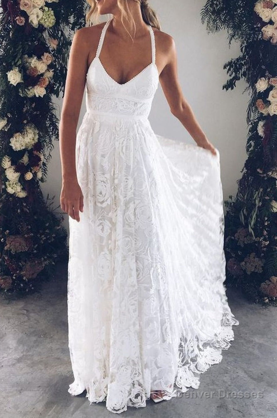 Charming Ivory Lace A Line Spaghetti Straps Backless Side Slit Beach Wedding Dresses Main image