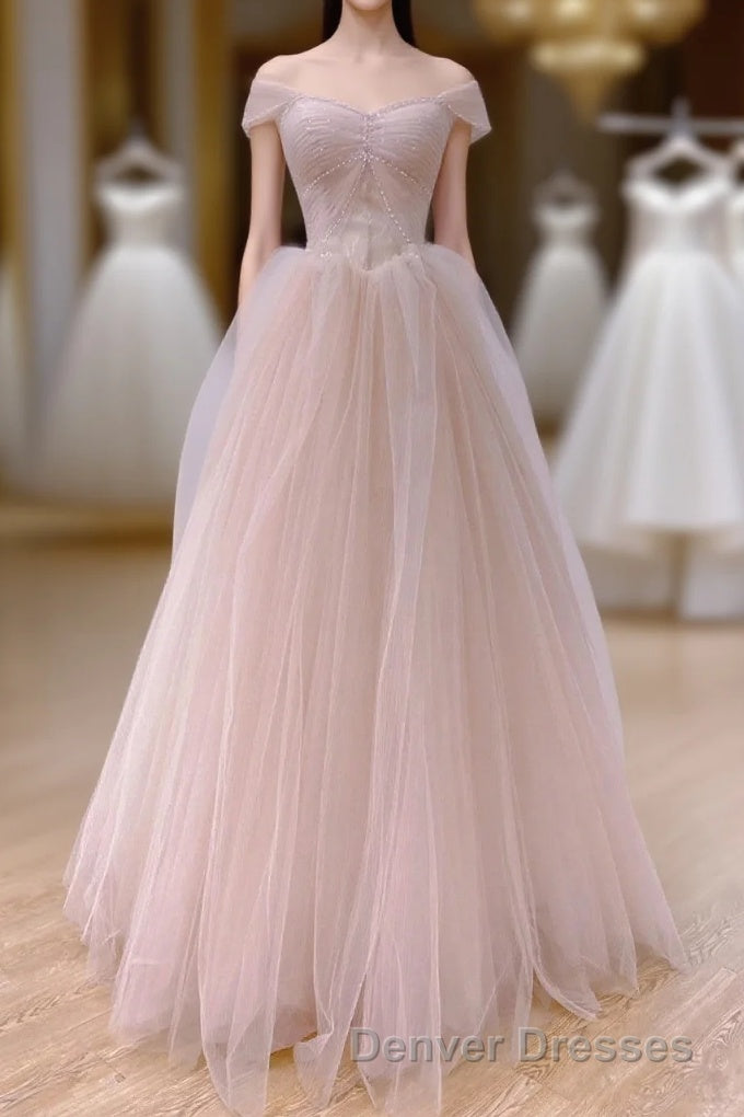 Pink Sweetheart Tulle Beaded Long Party Dress, Pink Tulle Prom Dress Evening Dress