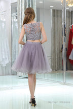 2 Piece Gray Tulle Short Suit Skirt With Lace Homecoming Dresses
