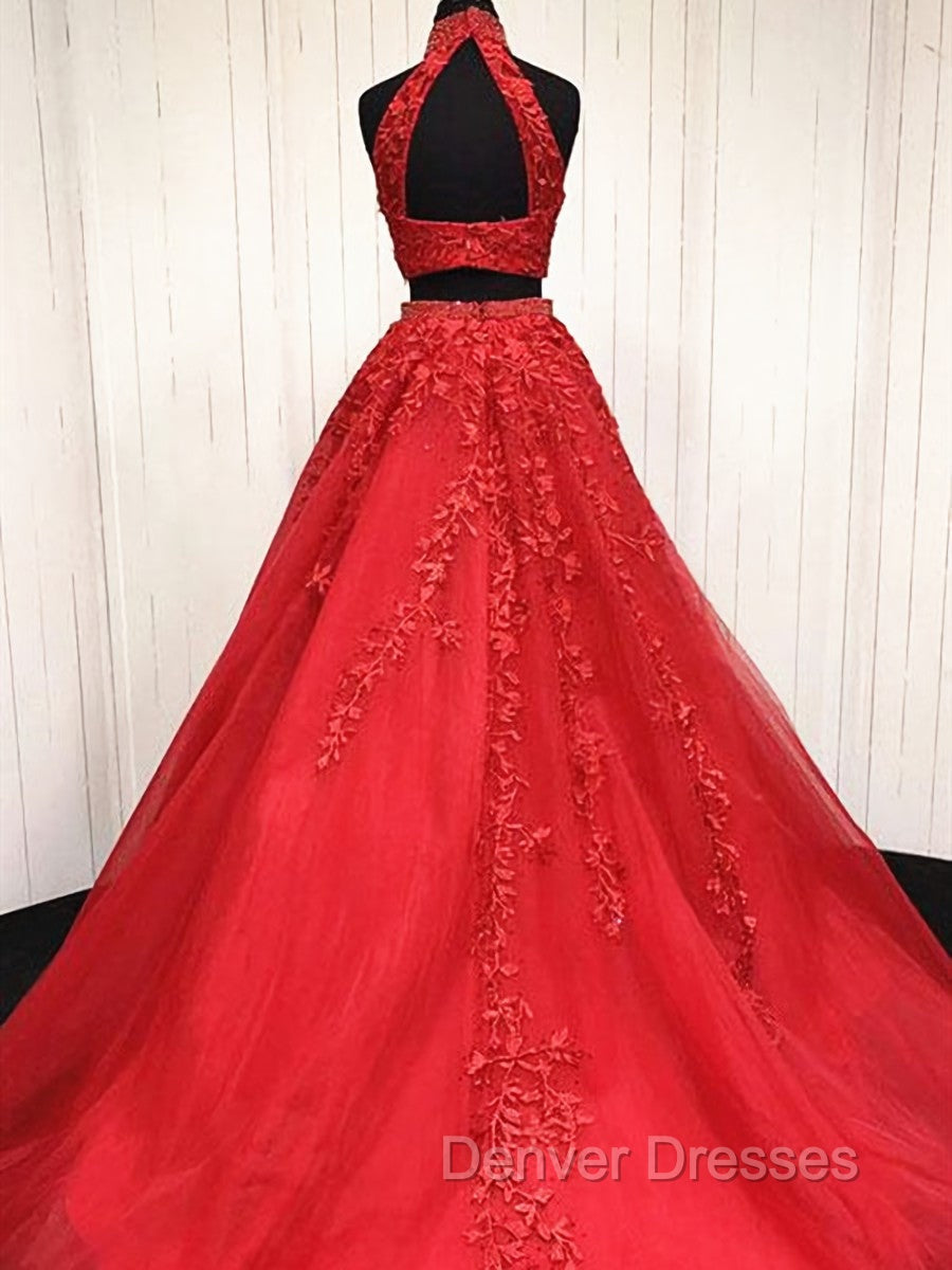2 Pieces Pink Red Lace Prom Dress, Two Pieces Pink Red Tulle Lace Formal Evening Dress Secondary image