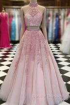 2 Pieces Pink Red Lace Prom Dress, Two Pieces Pink Red Tulle Lace Formal Evening Dress