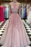 2 Pieces Pink Red Lace Prom Dress, Two Pieces Pink Red Tulle Lace Formal Evening Dress