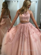 2 Pieces Pink Red Lace Prom Dress, Two Pieces Pink Red Tulle Lace Formal Evening Dress