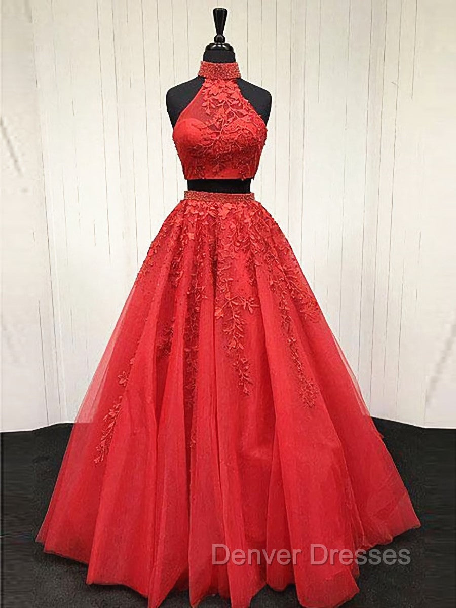 2 Pieces Pink Red Lace Prom Dress, Two Pieces Pink Red Tulle Lace Formal Evening Dress Main image