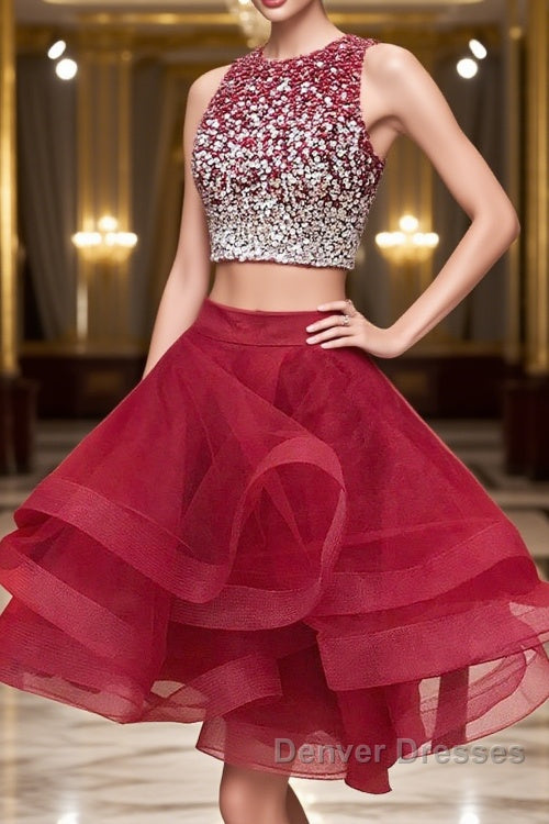 2 Pieces Short Burgundy Prom Dress, Two Pieces Short Wine Red Beaded Graduation Homecoming Dress Main image