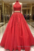 2 Pieces Tulle Lace Prom Dress, Two Pieces Evening Dress