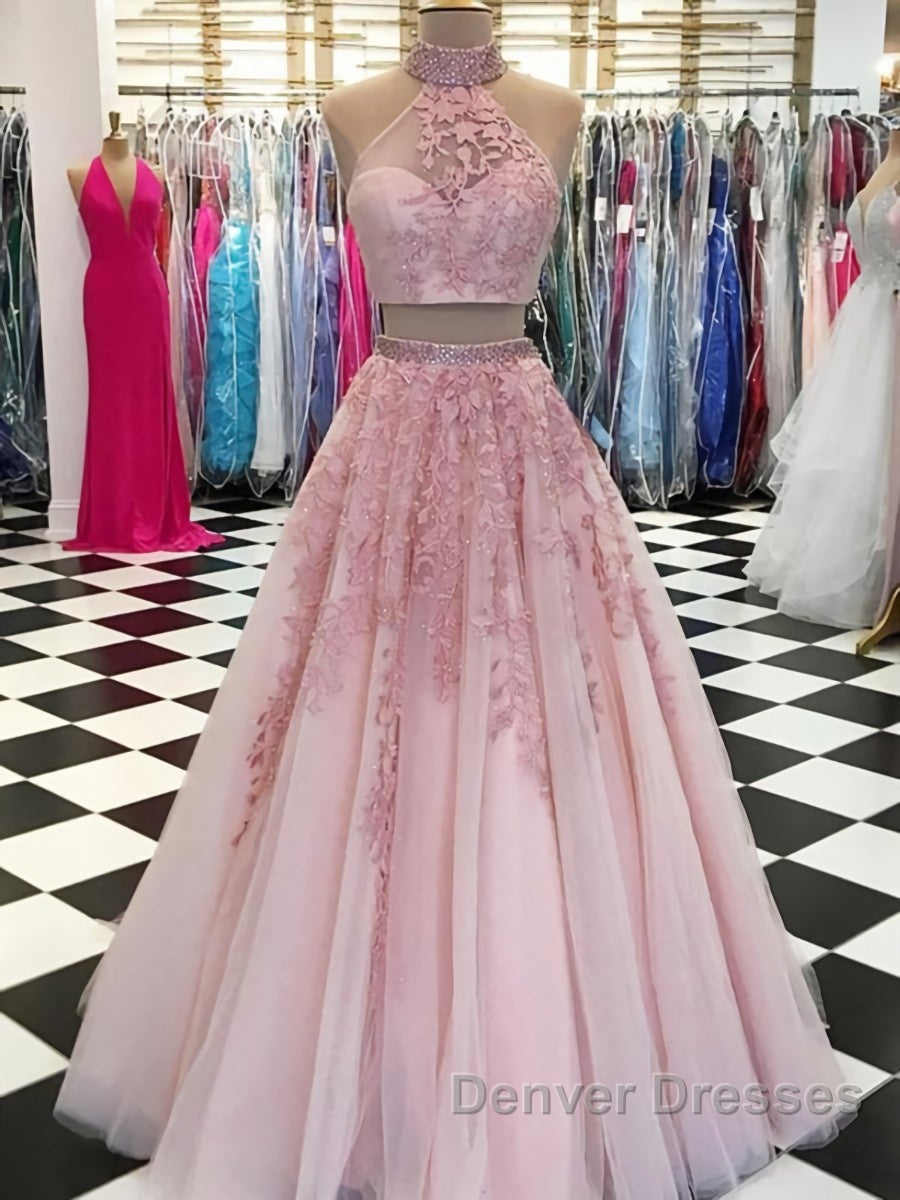2 Pieces Tulle Lace Prom Dress, Two Pieces Evening Dress
