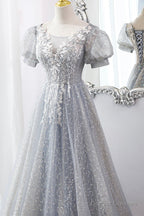 Gray Tulle Lace Long Party Dress, A-Line Evening Dress