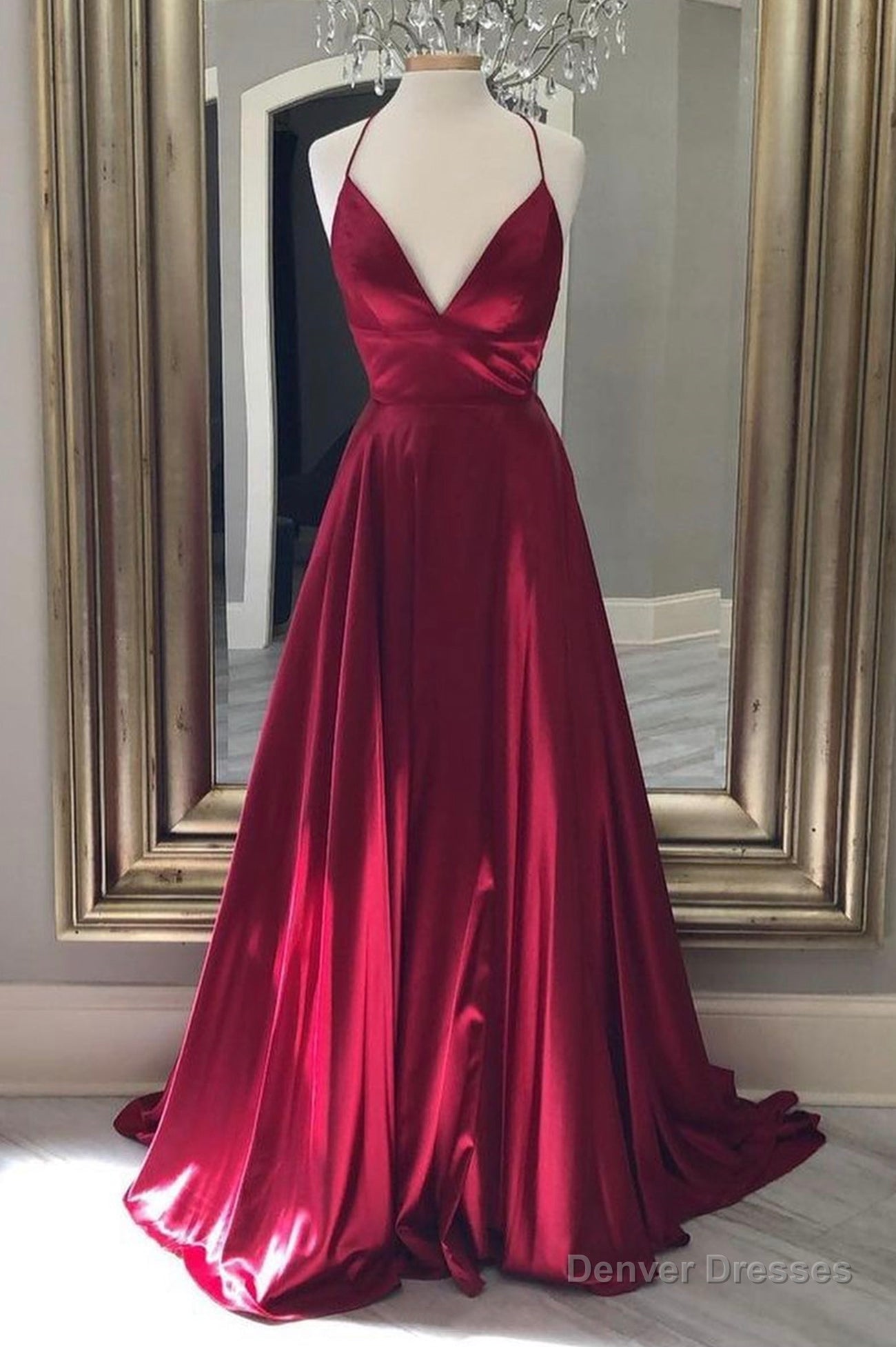 Burgundy Satin Long Prom Dresses, Simple A-Line Backless Evening Dresses Main image