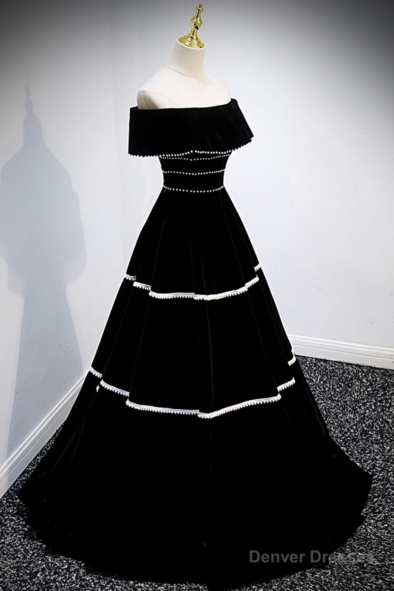 Black Velvet Long Prom Dresses, A-Line Off the Shoulder Evening Dresses Main image