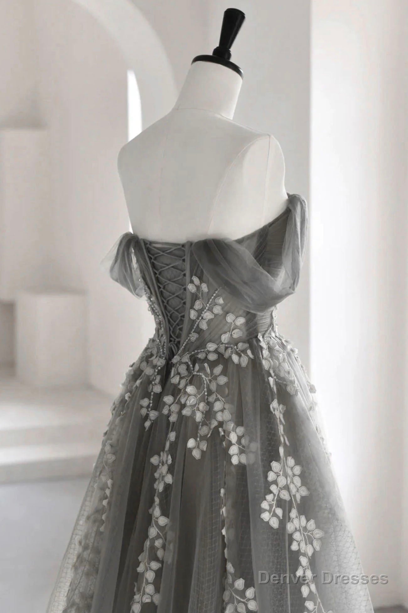 Gray Tulle Lace Long Prom Dress, A-Line Off the Shoulder Evening Dress Secondary image