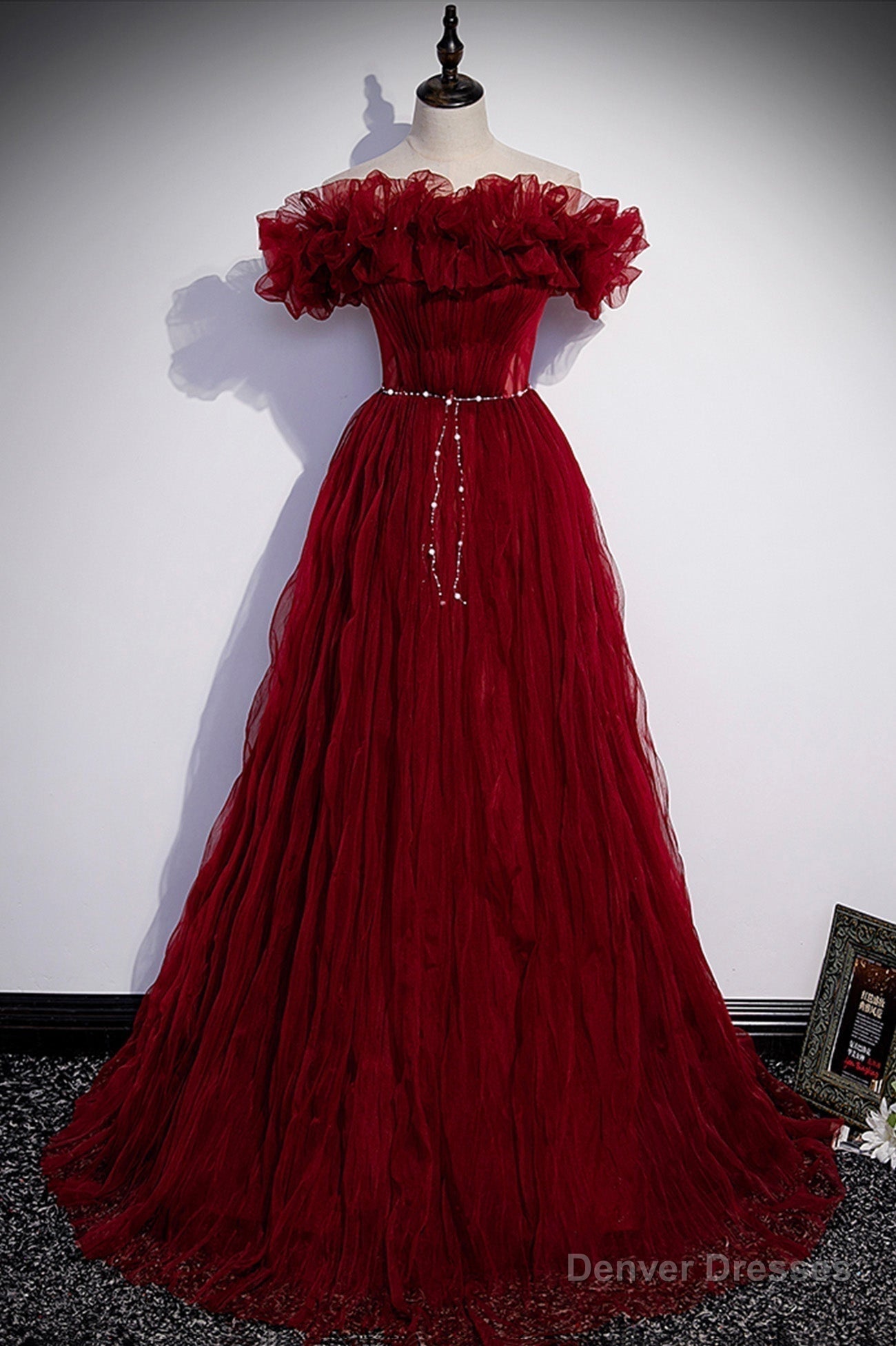 Burgundy Tulle Long Prom Dresses, A-Line Off the Shoulder Evening Party Dresses Main image