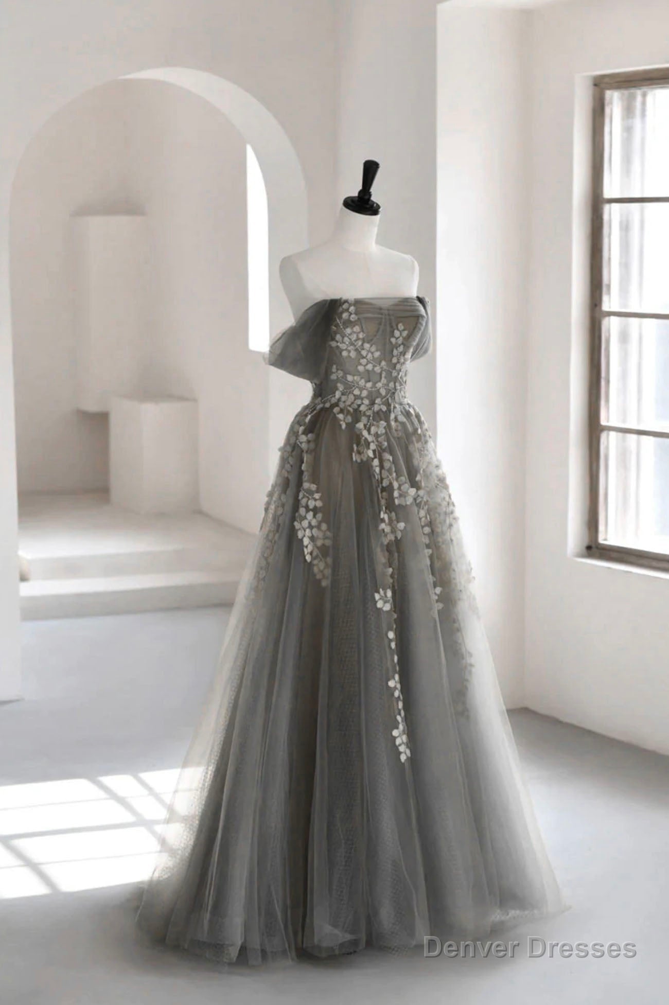 Gray Tulle Lace Long Prom Dress, A-Line Off the Shoulder Evening Dress Main image