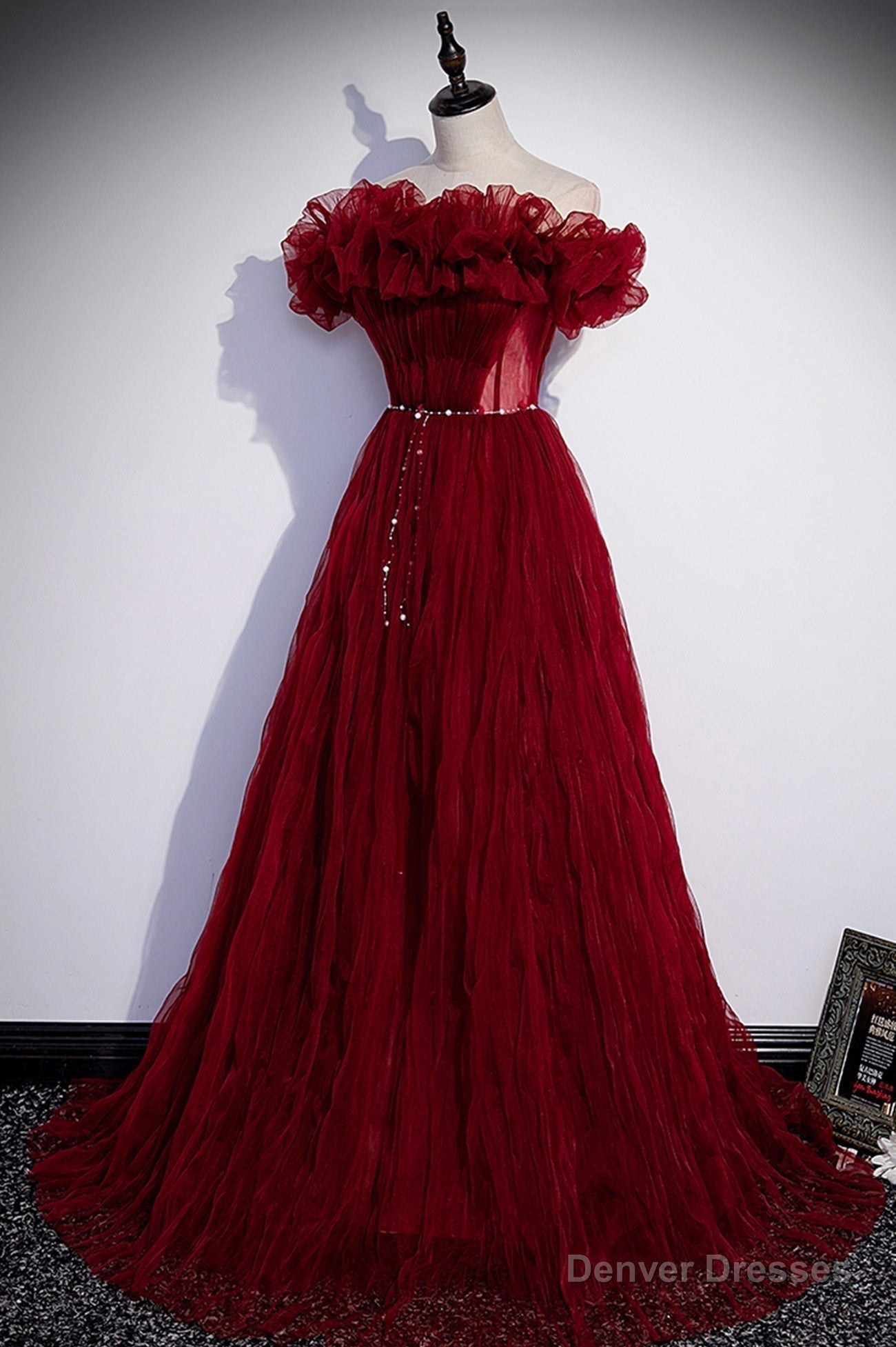 Burgundy Tulle Long Prom Dresses, A-Line Off the Shoulder Evening Party Dresses Secondary image
