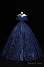 Blue Tulle Sequins Long Ball Gown, Elegant A-Line Formal Gown