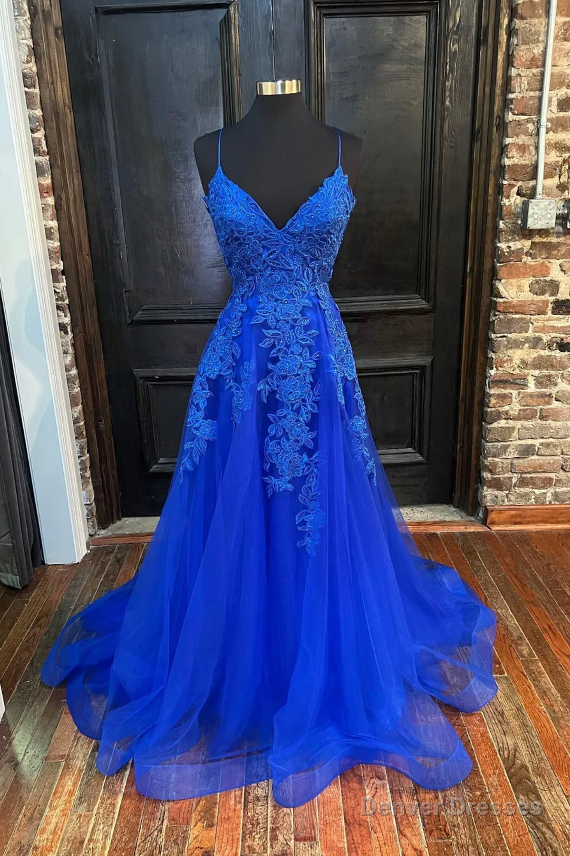 Blue Tulle Lace Long Prom Dress, V-Neck Formal Evening Dress Main image