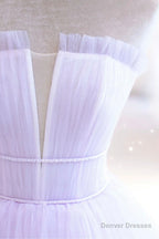 Purple Strapless Tulle Long Formal Gown, Purple A-Line Evening Dress