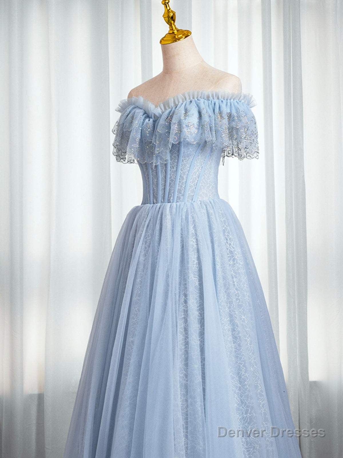 Blue Sweetheart Beaded Off the Shoulder Prom Dress, A-Line Blue Evening Dress