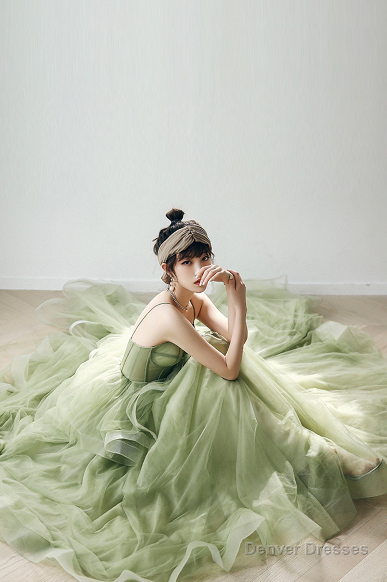 Green Tulle Long A-Line Evening Dress, Green Spaghetti Straps Prom Dress