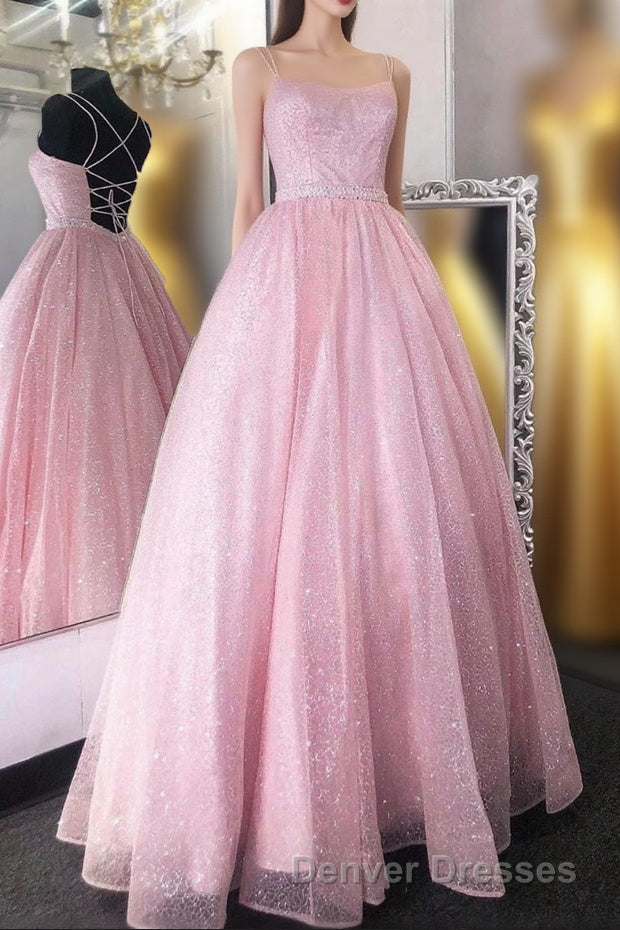 Cute Tulle Sequins Long Prom Dress, A-Line Backless Evening Dress Main image