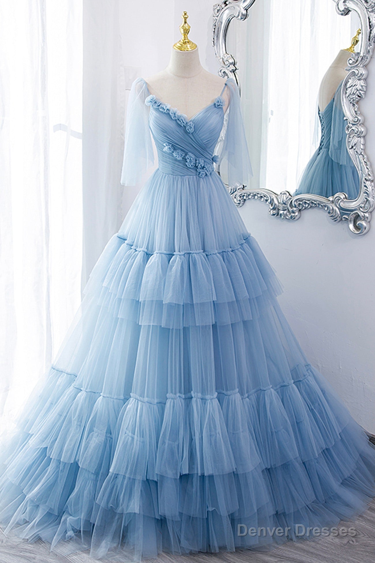 A-Line Tulle Long Prom Dresses, V-Neck Spaghetti Strap Long Princess Dresses Main image