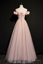 Pink Tulle Off the Shoulder Prom Dress, Beautiful A-Line Evening Dress