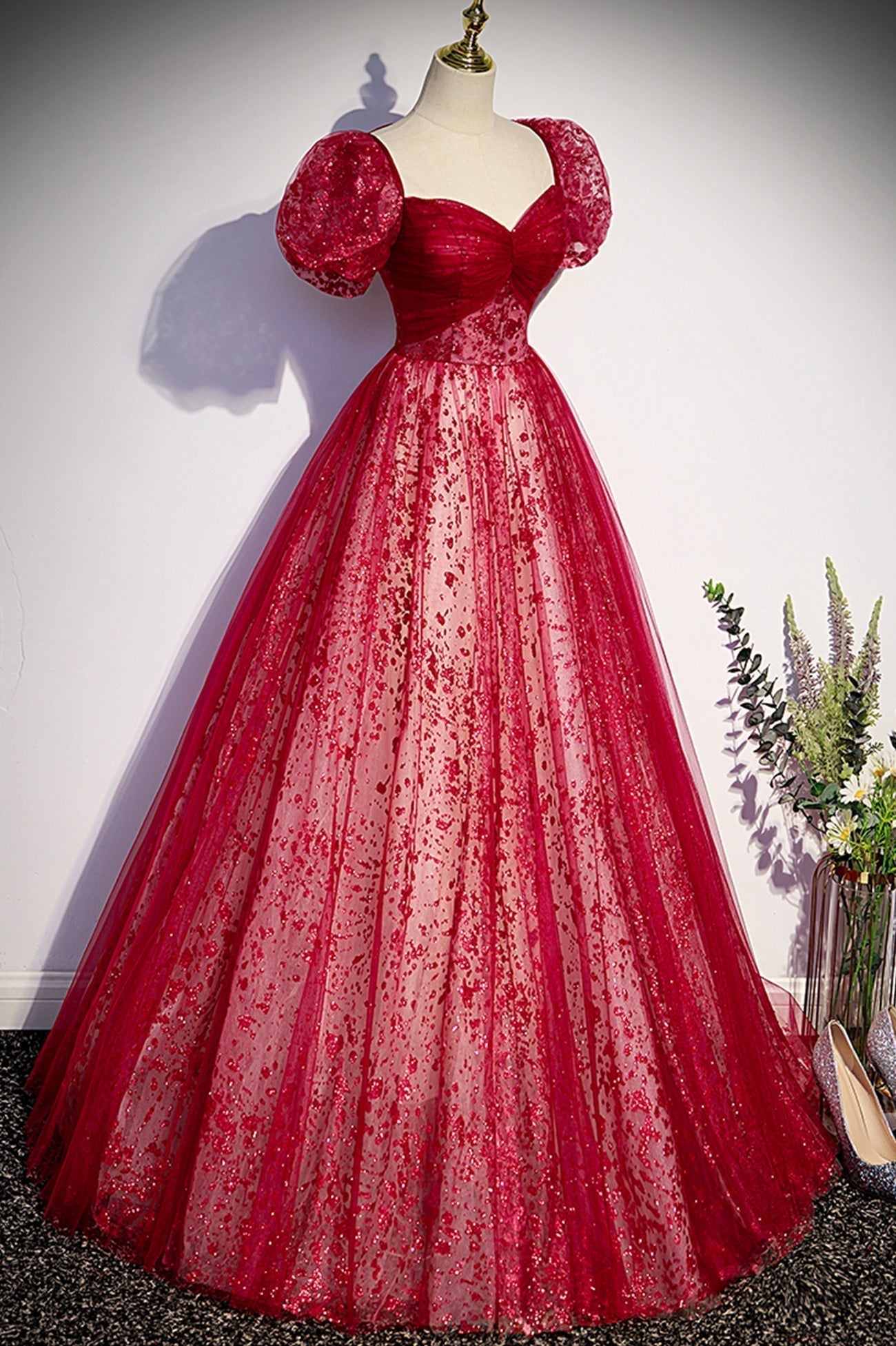 Burgndy Tulle Short Sleeve Formal Evening Dress, A-Line Long Prom Dress Main image