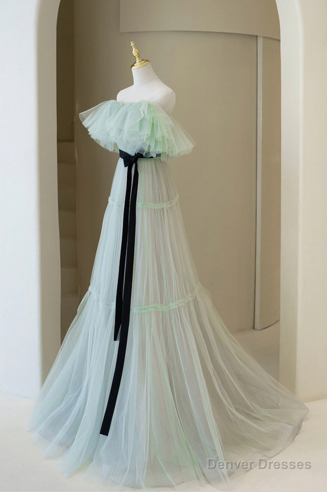 Green Tulle Floor Length Prom Dress, A-Line Off Shoulder Evening Dress Secondary image
