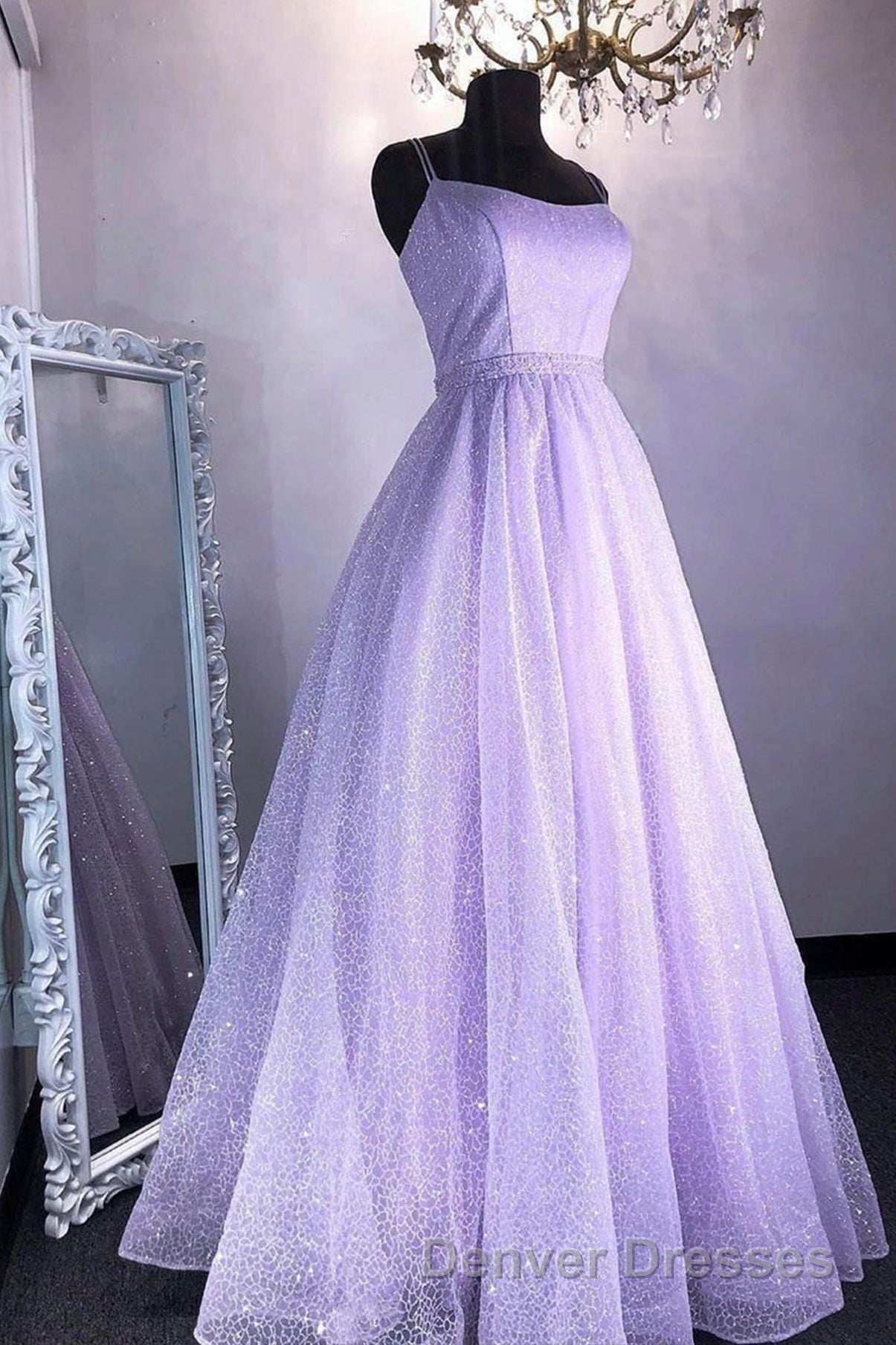 Cute Tulle Sequins Long Prom Dress, A-Line Backless Evening Dress