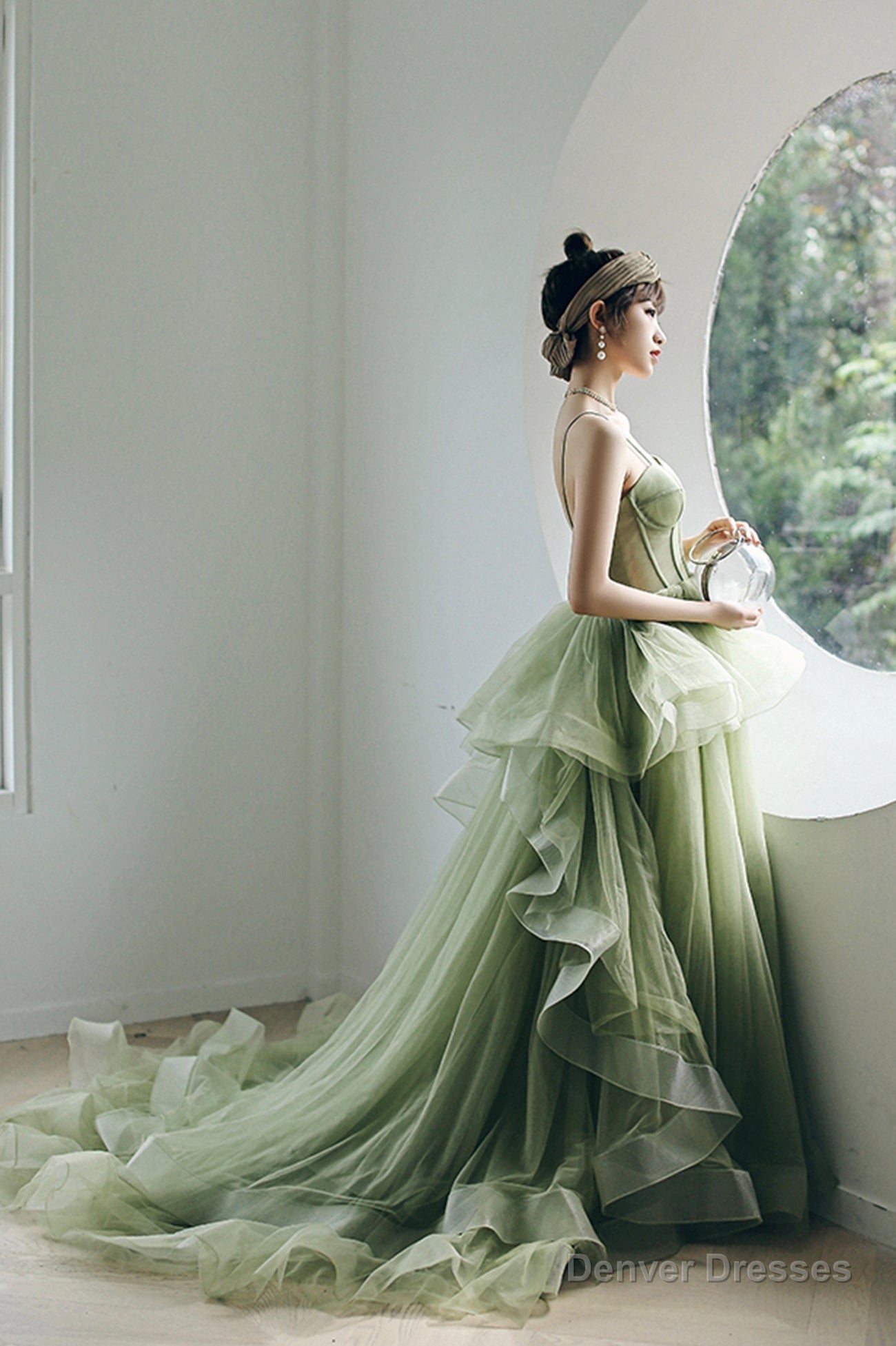 Green Tulle Long A-Line Evening Dress, Green Spaghetti Straps Prom Dress Secondary image