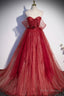 Burgundy Sweetheart Neckline Tulle Long Prom Dress, A-Line Evening Dress