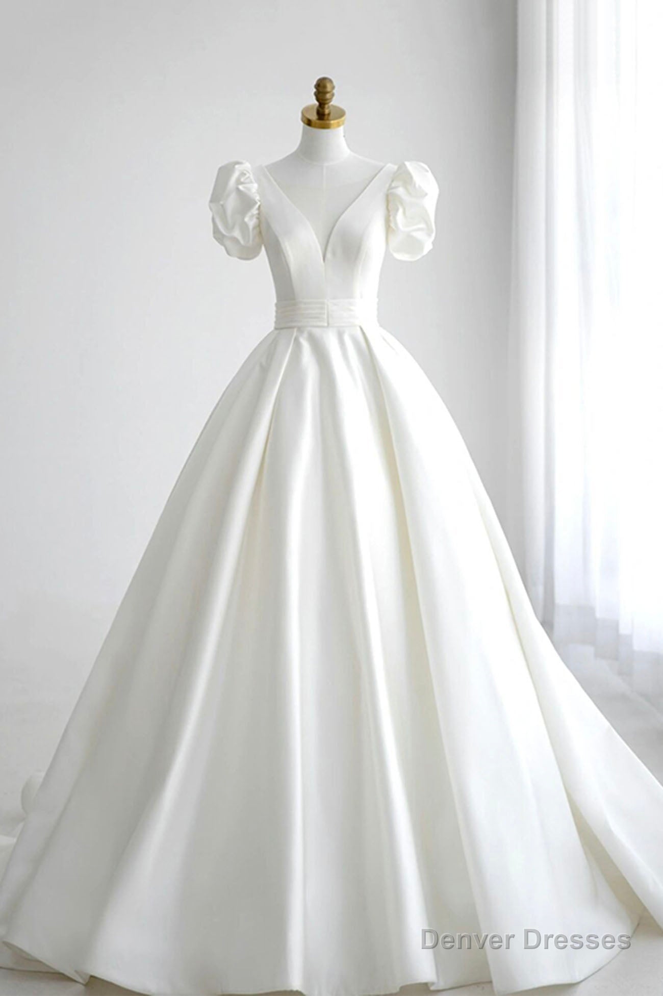 White V-Neck Satin Long Formal Dress, Wedding Formal Dress Main image