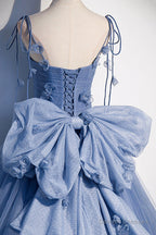 Blue Spaghetti Strap Tulle Long Dress, Blue Evening Dress with Bow