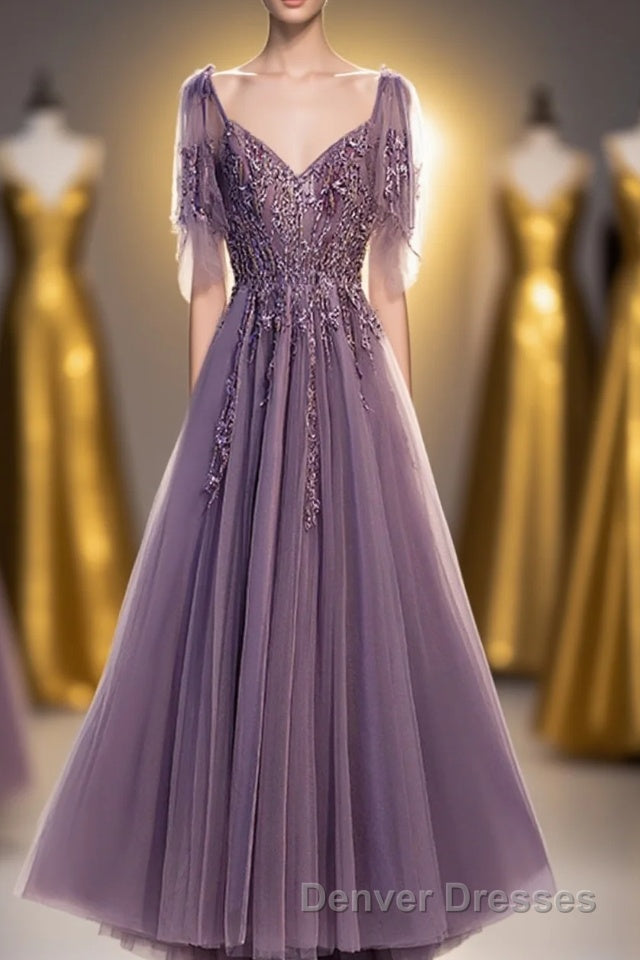 Purple Tulle Lace Long Prom Dress, A-Line Evening Party Dress