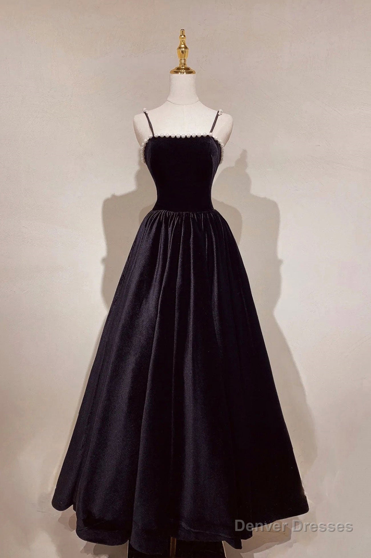 Black Velvet Pearls Long Prom Dresses, Black A-Line Evening Party Dresses Main image