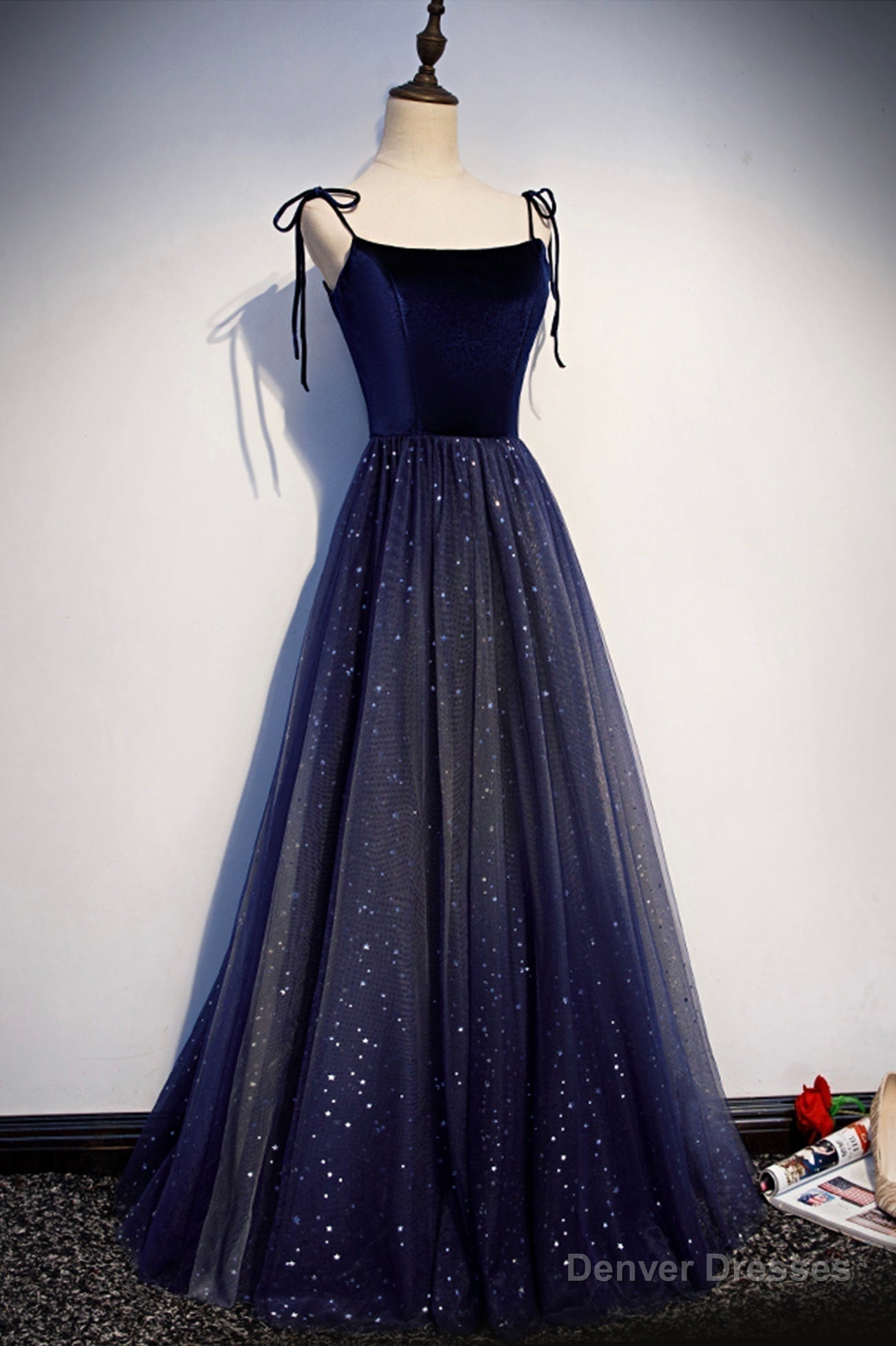 Blue Velvet Tulle Long Prom Dresses, Lovely A-Line Graduation Dresses Secondary image